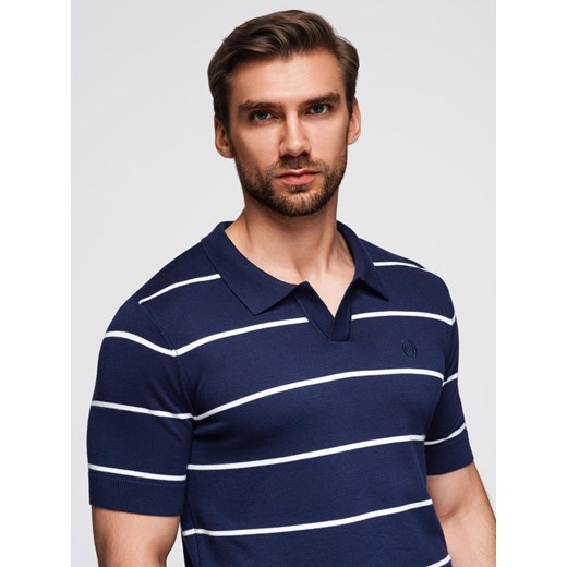 Męska koszulka polo w poziome paski z wiskozą – granatowo-biała V1 OM-POSS-0145 ze sklepu ombre w kategorii T-shirty męskie - zdjęcie 185516161