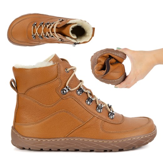Buty barefoot zimowe damskie skórzane ocieplane wełną na zamek rude1292 ze sklepu butyolivier w kategorii Botki - zdjęcie 185537841