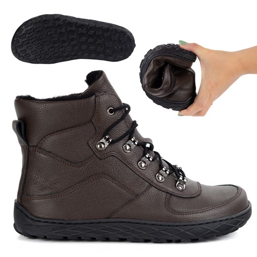 Buty barefoot zimowe damskie skórzane ocieplane wełną trapery brązowe 1292 ze sklepu butyolivier w kategorii Półbuty damskie - zdjęcie 185537863