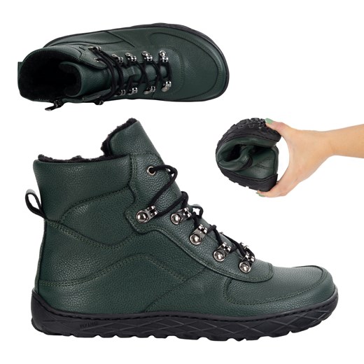 Buty barefoot zimowe damskie skórzane ocieplane wełną 1292 zielone ze sklepu butyolivier w kategorii Botki - zdjęcie 185537874