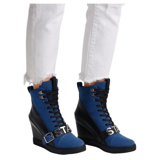 Sznurowane niebiesko czarne trampki sneakersy koturnie /F4-3 18049 T284/ ze sklepu Pantofelek24.pl w kategorii Botki - zdjęcie 185554663