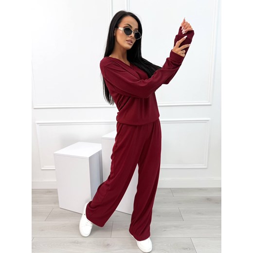 Bordowy Prążkowany Komplet Bluzka + Szerokie Spodnie Modnakiecka.pl 42 ModnaKiecka.pl