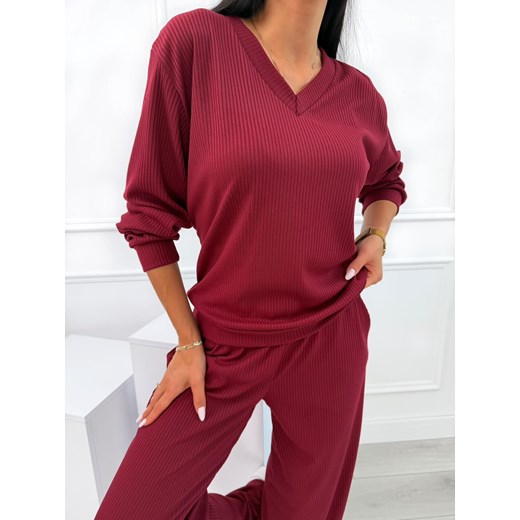 Bordowy Prążkowany Komplet Bluzka + Szerokie Spodnie Modnakiecka.pl 40 ModnaKiecka.pl