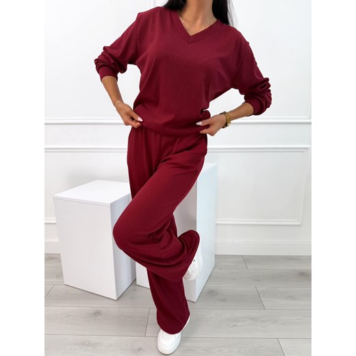 Bordowy Prążkowany Komplet Bluzka + Szerokie Spodnie Modnakiecka.pl 38 ModnaKiecka.pl