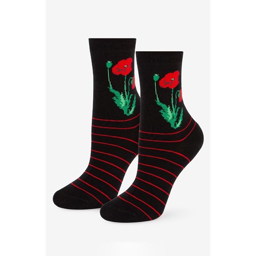 Marilyn Skarpetki damskie w subtelne paseczki i czerwone maki Poppy 2, Kolor czarno-czerwono-zielony, Rozmiar 36-40, Marilyn ze sklepu Intymna w kategorii Skarpetki damskie - zdjęcie 185558410
