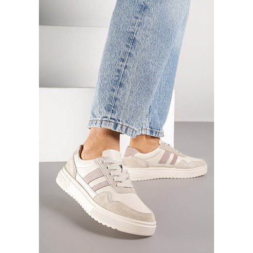 Beżowe Skórzane Sneakersy z Paskami Andaxele ze sklepu born2be.pl w kategorii Buty sportowe damskie - zdjęcie 185561083