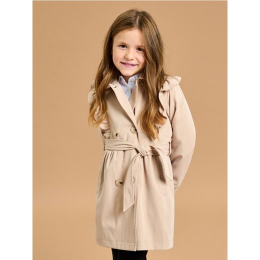 Sinsay - Dwurzędowy płaszcz wiązany w tali z ozdobnymi falbanami - beżowy Sinsay 98 (2-3 l) Sinsay