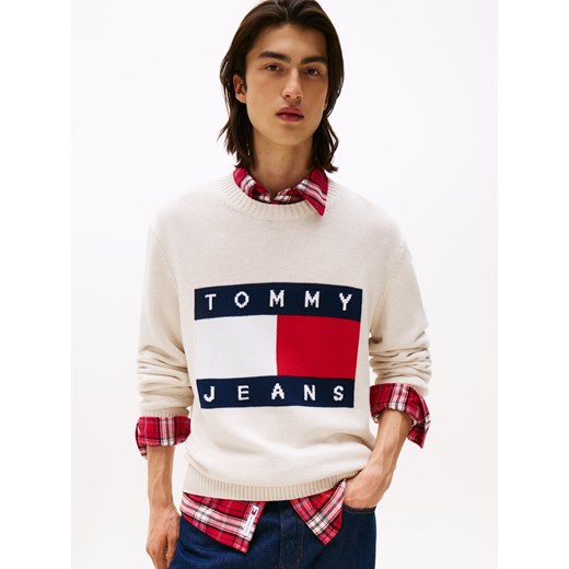 Tommy Jeans Męski sweter z dzianiny Mężczyźni Bawełna beżowy wzorzysty ze sklepu vangraaf w kategorii Swetry męskie - zdjęcie 185572350