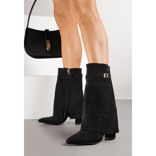 Czarne Botki z Ekozamszu na Słupkowym Obcasie z Cholewką Imitującą Nogawkę Emmidre ze sklepu renee.pl w kategorii Botki - zdjęcie 185576020