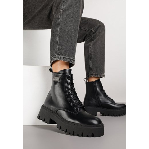 Czarne Botki Workery w Stylu Basic z Aplikacją przy Cholewce Azelda ze sklepu renee.pl w kategorii Workery damskie - zdjęcie 185576104