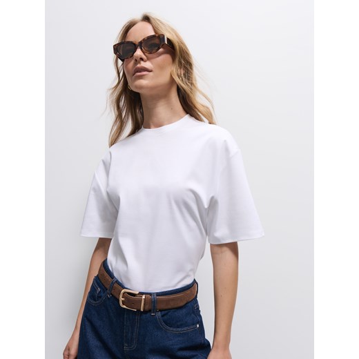 Mohito - T-shirt z bawełny merceryzowanej - biały ze sklepu Mohito w kategorii Bluzki damskie - zdjęcie 185579731