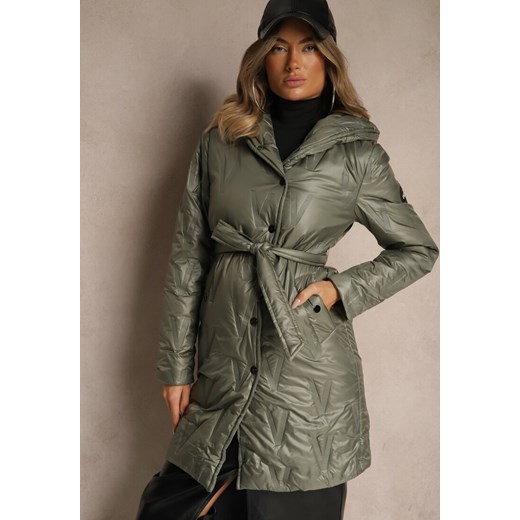 Zielona Pikowana Kurtka z Kapturem i Wiązanym Paskiem Elladie ze sklepu renee.pl w kategorii Kurtki damskie - zdjęcie 185580952