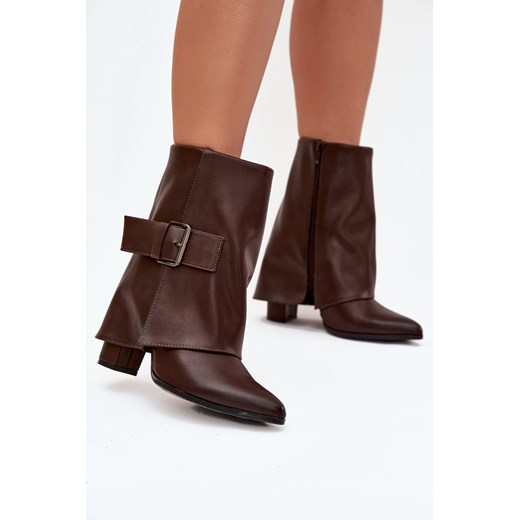 Botki Damskie Obcas Słupek Wywinięta Cholewka Klamra Brązowe Ylenara Boto 41 ZAZOO