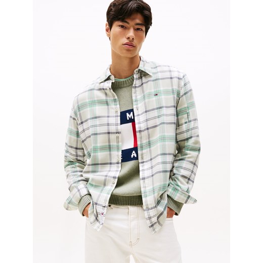 Tommy Jeans Męska koszula casual Mężczyźni Regular Fit Bawełna seledynowy w kratkę ze sklepu vangraaf w kategorii Koszule męskie - zdjęcie 185589594