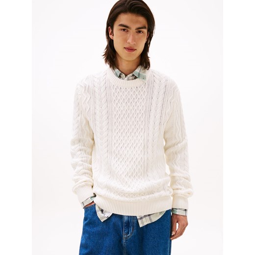 Tommy Jeans Męski sweter Mężczyźni Bawełna écru jednolity ze sklepu vangraaf w kategorii Swetry męskie - zdjęcie 185589614