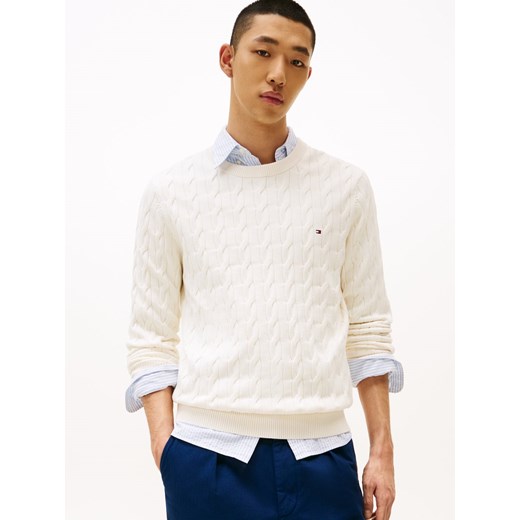 Tommy Hilfiger Męski sweter Mężczyźni drobna dzianina écru jednolity ze sklepu vangraaf w kategorii Swetry męskie - zdjęcie 185589623