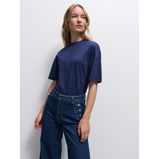 Mohito - Granatowy t-shirt z bawełny merceryzowanej - granatowy ze sklepu Mohito w kategorii Bluzki damskie - zdjęcie 185593170