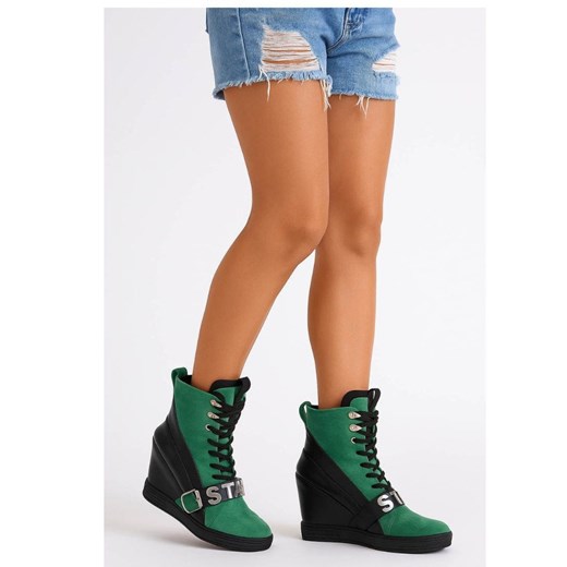 Sznurowane zielono czarne trampki sneakersy koturnie /F8-3 18060 T284/ ze sklepu Pantofelek24.pl w kategorii Botki - zdjęcie 185601913