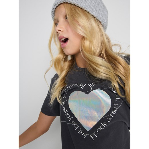 Sinsay - Bawełniana koszulka z połyskującymi elementami - szary Sinsay 164 (13-14 l) Sinsay