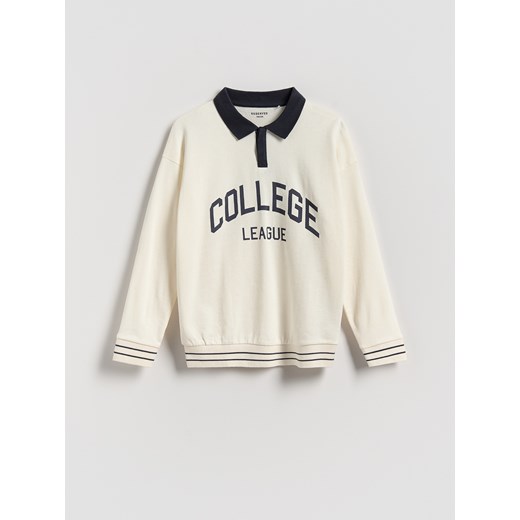 Reserved - Bawełniany longsleeve polo - złamana biel ze sklepu Reserved w kategorii T-shirty chłopięce - zdjęcie 185608323