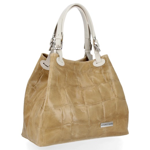 Vittoria Gotti Firmowa Torebka Skórzana Włoski Shopper w modny motyw Żółwia Ciemno Beżowa ze sklepu PaniTorbalska w kategorii Torby Shopper bag - zdjęcie 185618724