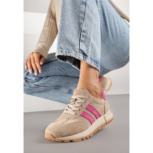 Beżowo-Fuksjowe Skórzane Sneakersy z Ozdobnymi Paskami Felindda ze sklepu born2be.pl w kategorii Buty sportowe damskie - zdjęcie 185621101