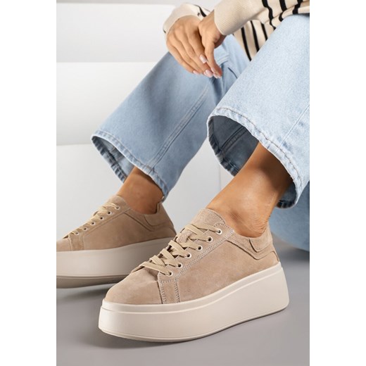 Beżowe Sneakersy z Naturalnego Zamszu na Platformie Nalirette ze sklepu renee.pl w kategorii Buty sportowe damskie - zdjęcie 185625330