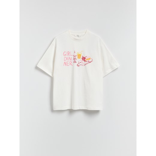 Reserved - T-shirt oversize z nadrukiem - złamana biel ze sklepu Reserved w kategorii Bluzki damskie - zdjęcie 185642640