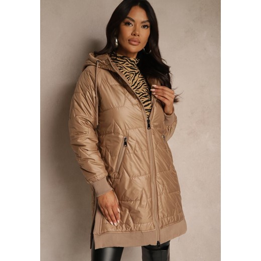 Jasnobrązowa Przejściowa Kurtka z Kapturem Zdobiona Pikowaniem Fesulia ze sklepu renee.pl w kategorii Kurtki damskie - zdjęcie 185643831