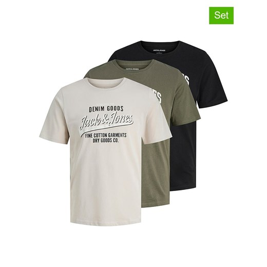 Jack &amp; Jones Koszulki (3 szt.) &quot;Jjethan&quot; w kolorze oliwkowo-czarno-kremowym ze sklepu Limango Polska w kategorii T-shirty męskie - zdjęcie 185645643