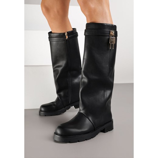 Czarne Kozaki z Imitacją Nakładkowej Cholewki i Aplikacją Nallara - id: CLS-552-38-BLACK - marki Renee - 185664844 Czarne Kozaki z Imitacją Nakładkowej Cholewki i Aplikacją Nallara ze sklepu renee.pl w kategorii Kozaki damskie - zdjęcie 185664844