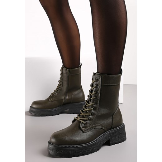 Zielone Sznurowane Botki Workery Luxira ze sklepu born2be.pl w kategorii Workery damskie - zdjęcie 185686380