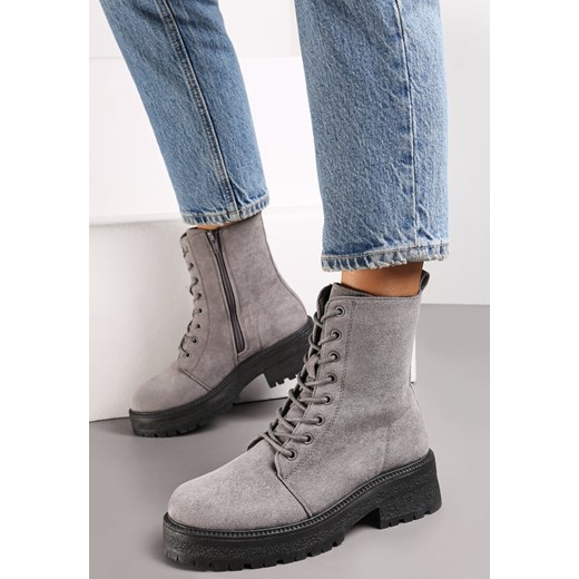 Szare Botki na Grubej Podeszwie z Sznurowaniem Eterna ze sklepu born2be.pl w kategorii Botki - zdjęcie 185686392