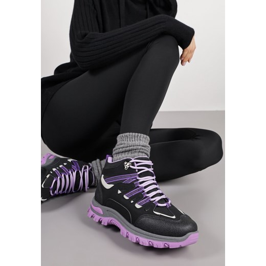 Czarno-Fioletowe Sznurowane Buty Trekkingowe Traperki Vices na Grubej Podeszwie Afertie ze sklepu born2be.pl w kategorii Workery damskie - zdjęcie 185686530