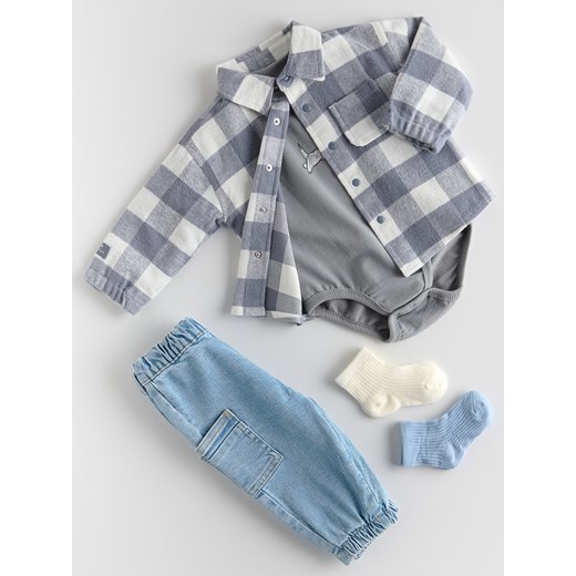 Reserved - Bawełniana koszula w kratę - jasnoszary ze sklepu Reserved w kategorii Koszulki niemowlęce - zdjęcie 185687941