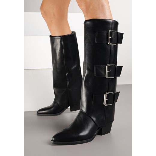 Czarne Kozaki na Słupku Kowbojki Ozdobione Metaliczną Aplikacją i Wywiniętą Cholewką Latareia - id: 68348-38-BLACK - marki Renee - 185690020 Czarne Kozaki na Słupku Kowbojki Ozdobione Metaliczną Aplikacją i Wywiniętą Cholewką Latareia ze sklepu renee.pl w kategorii Kozaki damskie - zdjęcie 185690020