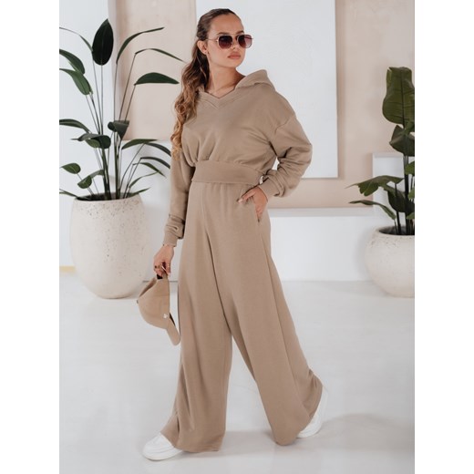 Komplet damski spodnie wide leg i bluza MINALIA beżowy Dstreet AY0918 ze sklepu DSTREET.PL w kategorii Dresy damskie - zdjęcie 185705902