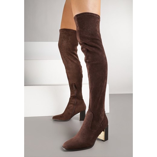 Brązowe Kozaki za Kolano z Ozdobnym Obcasem z Metaliczną Wstawką Agnerissa 41 born2be.pl promocyjna cena