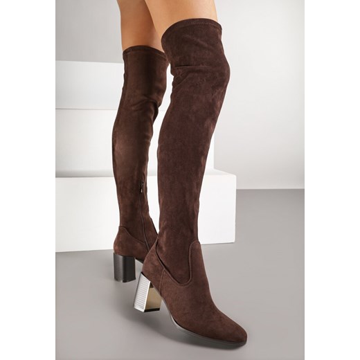 Brązowe Kozaki za Kolano z Ozdobnym Obcasem z Metaliczną Wstawką Agnerissa 41 promocja born2be.pl
