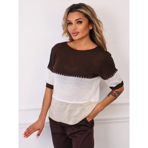SWETER W PASKI Z KRÓTKIM RĘKAWEM- CIEMNOBRĄZOWY ze sklepu olika.com.pl w kategorii Swetry damskie - zdjęcie 185715082