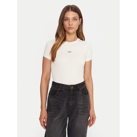 Guess Jeans T-Shirt W5BP45 KA0H1 Beżowy Slim Fit ze sklepu MODIVO w kategorii Bluzki damskie - zdjęcie 185724132