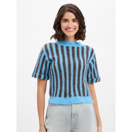 american vintage Damski sweter z krótkim rękawem z alpaką - Nenybay Kobiety niebieski w paski ze sklepu vangraaf w kategorii Swetry damskie - zdjęcie 185728252