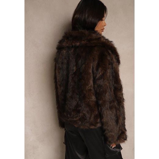 Brązowa Futerkowa Kurtka Dwurzędowa z Szerokim Kołnierzem Fesandrea Renee L renee.pl