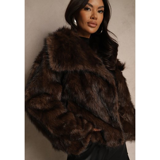 Brązowa Futerkowa Kurtka Dwurzędowa z Szerokim Kołnierzem Fesandrea Renee M renee.pl