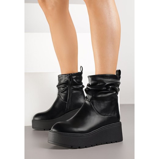 Czarne Botki na Koturnie Zdobione Marszczeniem przy Cholewce Tulariel Renee 36 renee.pl