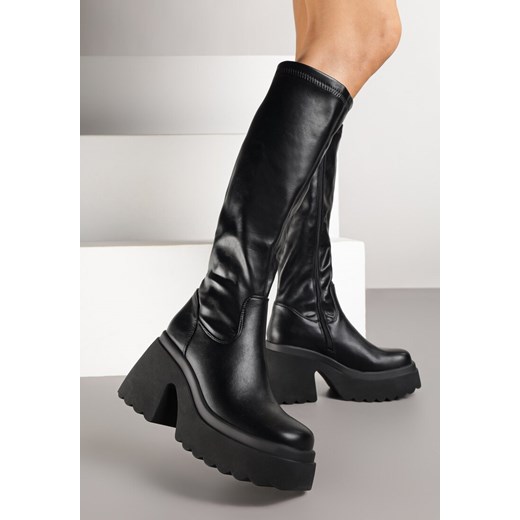 Czarne Kozaki na Słupku i Platformie z Dopasowaną Cholewką Avelgissa ze sklepu renee.pl w kategorii Kozaki damskie - zdjęcie 185728432