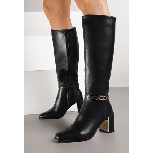 Czarne Kozaki na Słupkowym Obcasie Zdobione Elegancką Aplikacją Sarale - id: 6385A-38-BLACK - marki Renee - 185728480 Czarne Kozaki na Słupkowym Obcasie Zdobione Elegancką Aplikacją Sarale ze sklepu renee.pl w kategorii Kozaki damskie - zdjęcie 185728480