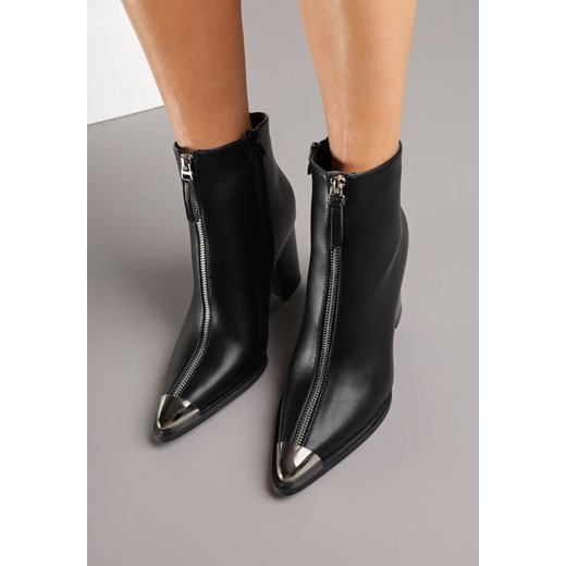 Czarne Botki na Słupkowym Obcasie z Metaliczną Aplikacją na Nosku Rilissea Renee 40 renee.pl