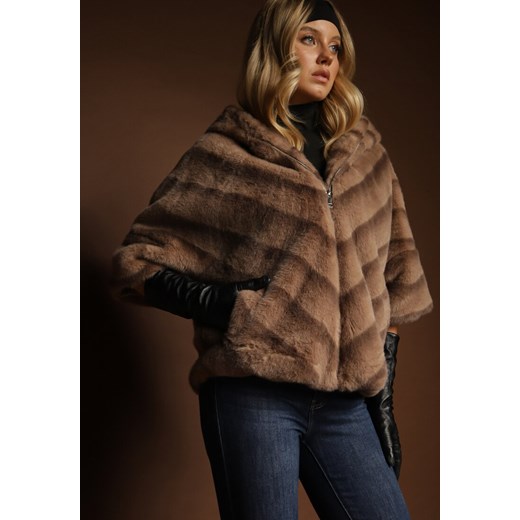 Beżowa Kurtka Futrzana o Kroju Oversize z Kapturem i Rękawami 3/4 Titene ze sklepu renee.pl w kategorii Futra damskie - zdjęcie 185754874