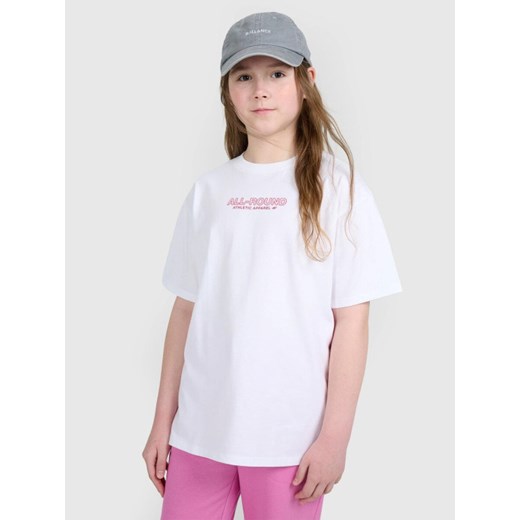 Dziewczęcy t-shirt z nadrukiem oversize 4F 4FJWAW25TTSHF2387 - biały ze sklepu Sportstylestory.com w kategorii Bluzki dziewczęce - zdjęcie 185769834
